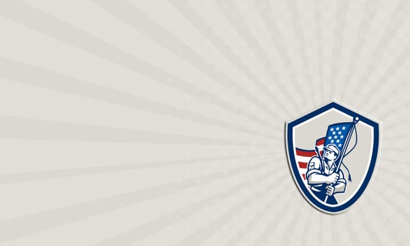 Business card illustration of an American soldier serviceman waving a USA stars and stripes flag viewed from front set inside shield crest shape done in retro style.
