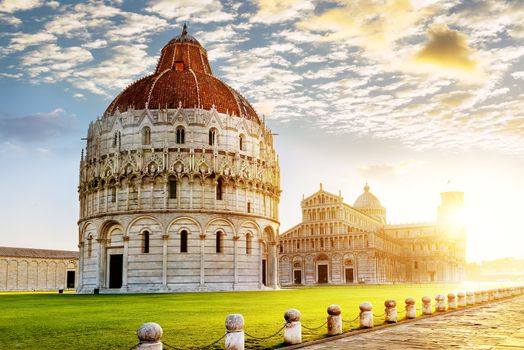place of Miracoli complex with the leaning tower of Pisa in front, Italy 