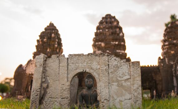 Phra prang sam yot is reproduced to mini size in mini siam, Thailand.