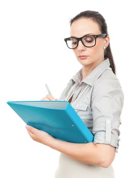 A business woman with a turquoise folder and a pencil