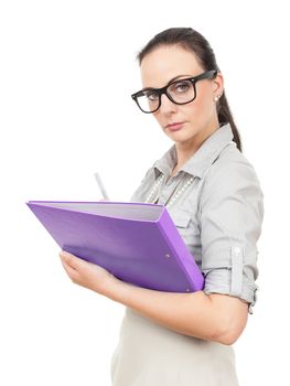 A business woman with a purple folder and a pencil