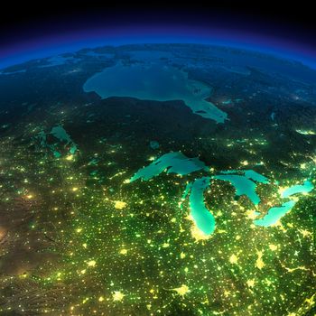 Highly detailed Earth, illuminated by moonlight. The glow of cities sheds light on the detailed exaggerated terrain. Northern U.S. states and Canada. Elements of this image furnished by NASA
