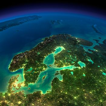 Highly detailed Earth, illuminated by moonlight. The glow of cities sheds light on the detailed exaggerated terrain. Night Earth. Europe. Scandinavia. Elements of this image furnished by NASA