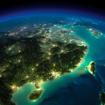 Highly detailed Earth, illuminated by moonlight. The glow of cities sheds light on the detailed exaggerated terrain. Night Earth. Eastern China and Taiwan. Elements of this image furnished by NASA