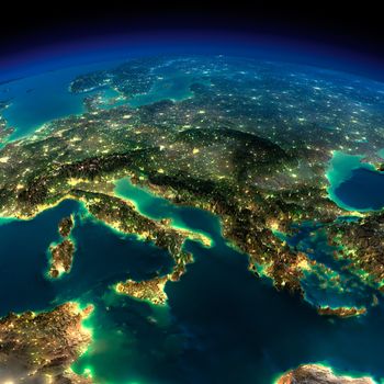Highly detailed Earth, illuminated by moonlight. The glow of cities sheds light on the detailed exaggerated terrain. A piece of Europe - Italy and Greece. Elements of this image furnished by NASA