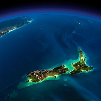 Highly detailed Earth, illuminated by moonlight. The glow of cities sheds light on the detailed exaggerated terrain. Night Earth. Pacific - New Zealand. Elements of this image furnished by NASA