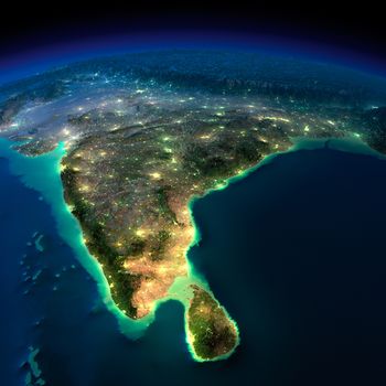 Highly detailed Earth, illuminated by moonlight. The glow of cities sheds light on the detailed exaggerated terrain. Night Earth. India and Sri Lanka. Elements of this image furnished by NASA