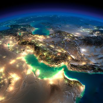 Highly detailed Earth, illuminated by moonlight. The glow of cities sheds light on the detailed exaggerated terrain and translucent water of the oceans. Night Earth. Persian Gulf. Elements of this image furnished by NASA