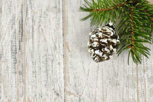 Golden Christmas pine cone on tree branch with wooden background