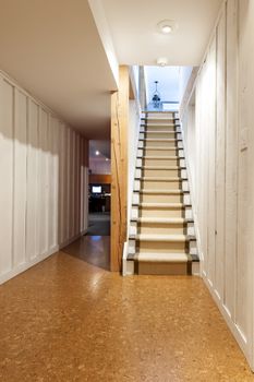 Stairway to finished basement in home interior with wood paneling and cork flooring