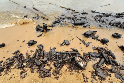 Oil spill. Contaminated Beach in Chonburi, Thailand.