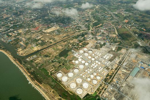 Aerial view of storage oil tanks in Thailand.