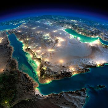 Highly detailed Earth, illuminated by moonlight. The glow of cities sheds light on the detailed exaggerated terrain. Night Earth. Saudi Arabia. Elements of this image furnished by NASA