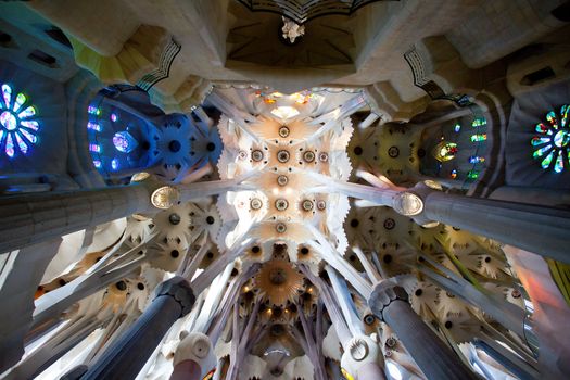 BARCELONA, SPAIN – June 13: La Sagrada Familia - the ceiling of the cathedral designed by Gaudi, which is being build since 19 March 1882 and is not finished yet June 13, 2013 in Barcelona, Spain. Editorial use only