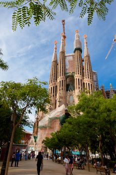 BARCELONA, SPAIN - JUNE 13: La Sagrada Familia - the impressive cathedral designed by Gaudi, which is being build since 19 March 1882 and is not finished yet JUNE 13, 2013 in Barcelona, Spain.  Editorial use only