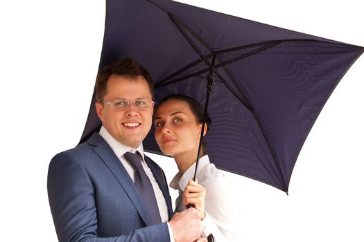 Successful business couple under an umbrella on a white super