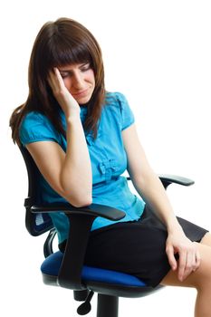 Beautiful young woman sitting on a chair snoozing. isolated on white background