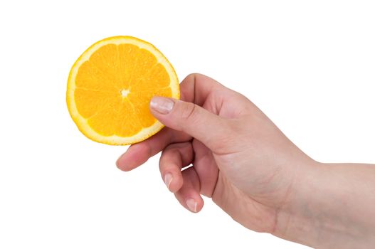 Hand holding slice of orange isolated on white background with clipping path