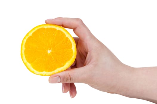 Hand holding slice of orange isolated on white background with clipping path