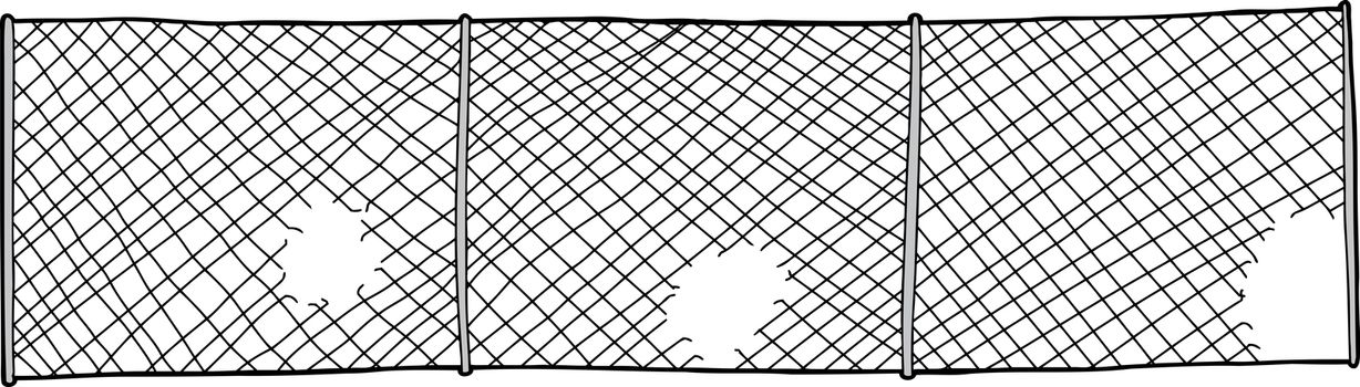 Chain link fence with cut out holes on white background