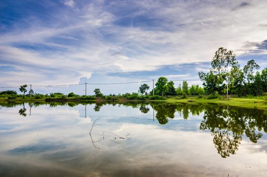 Pond and clouds in spring nature landscape in Thailand