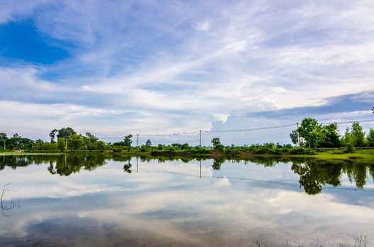 Pond and clouds in spring nature landscape in Thailand