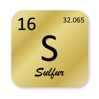 Black sulfur element into golden square shape isolated in white background
