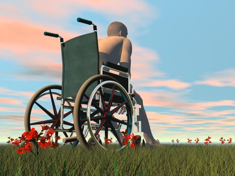 Man sitting in a wheelchair outdoor and thinking while looking forward by sunset