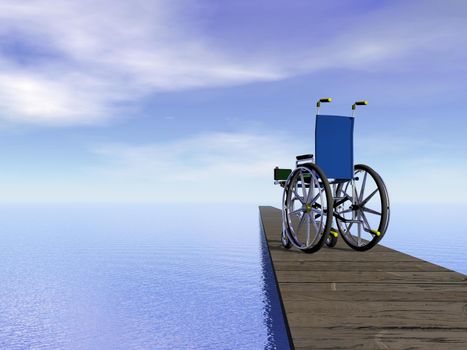 One wheelchair standing on a pontoon in front of the ocean by day