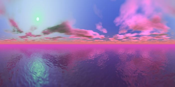 Sunset over ocean and purple clouds, 360 degrees effect