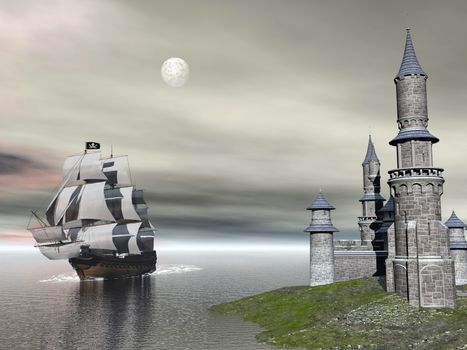 Beautiful detailed old merchant ship going back to castle by cloudy night with full moon
