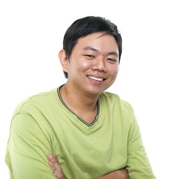 Portrait of 30s Asian middle aged male smiling, isolated on white background.