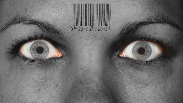 Women eye, close-up, minimum make-up, barcode