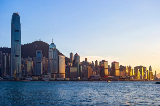 Skyline of Hong Kong at sunset.