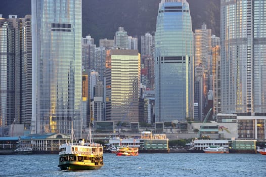 Skyline of Hong Kong at sunset.