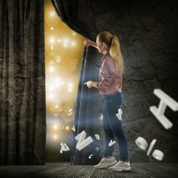 image of a young woman bends curtain fly abstract symbols
