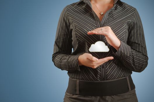 Businesswoman holding cloud computer network technology in hands