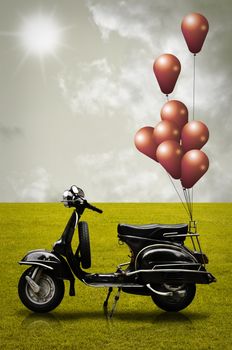 Retro scooter and colorful balloon in vintage style