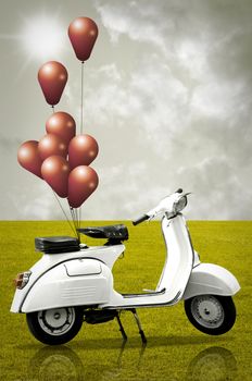 Retro scooter and colorful balloon in vintage style