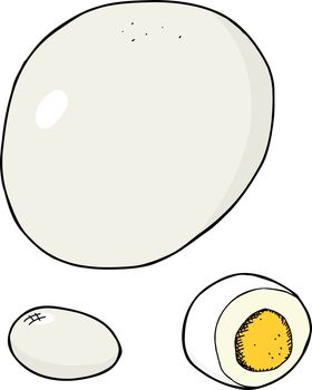 Isolated hard boiled egg with peeled version on white