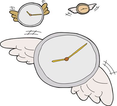 Three clocks with wings flying over white background