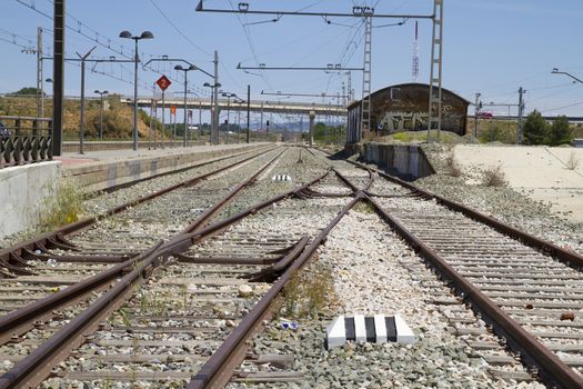 metal train rails, detail of railways in Spain