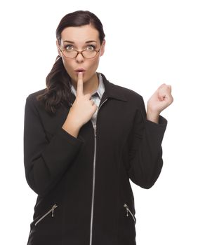 Unsure Mixed Race Businesswoman Puts Finger on Her Lips Isolated on White Background