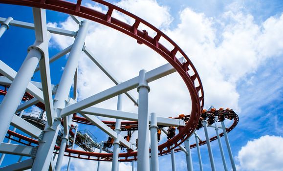Rollercoaster ride with sky at theme park