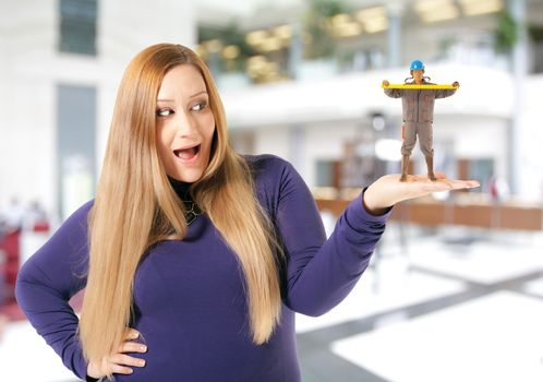 Collage of overweight woman isolated with work path, reacting to and holding worker with mesurment level