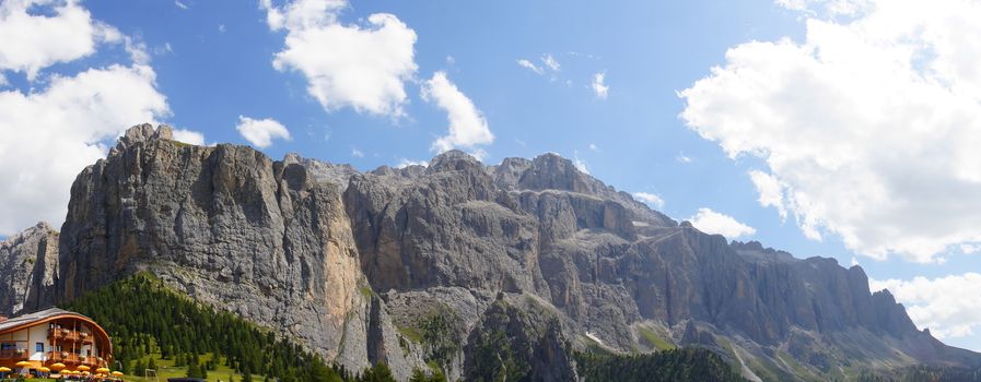 Sella massif panoramic with Hotel bottom left