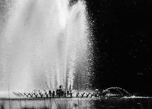 Fountain in a pond, high speed photography in black and white
