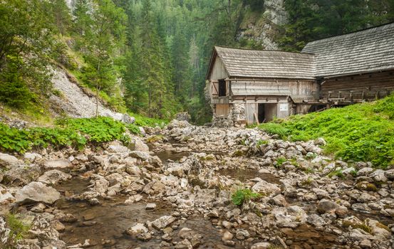 wooden cottage in the mountains with creek and grass