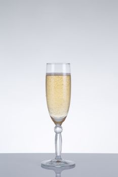 Glass of champagne with natural reflection for New Year, studio shot on grey background 