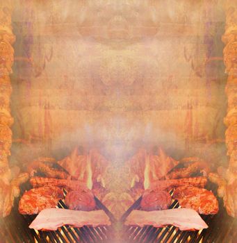 barbecue with delicious grilled meat ,Abstract vintage frame